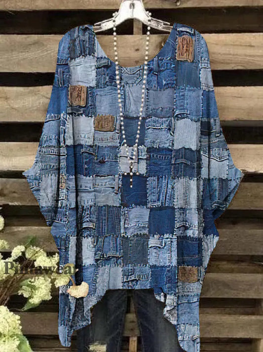 Mujer Vintage Denim Color Patchwork Patrón Cuello redondo Top colorido / S