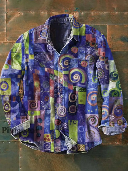 Patrón abstracto irregular de los hombres Imprimir Casual solapa manga larga Camisa púrpura / S