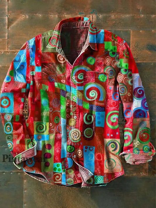 Patrón abstracto irregular de los hombres Imprimir Casual solapa manga larga Camisa rojo / S