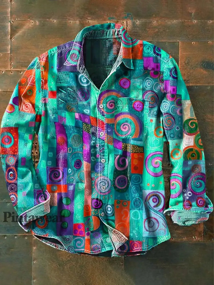 Patrón abstracto irregular de los hombres Imprimir Casual solapa manga larga Camisa verde / S