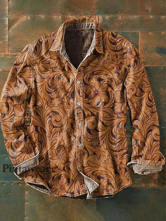 Patrón de estilo occidental impreso solapa casual manga larga camisa de los hombres como imagen / S Camisas