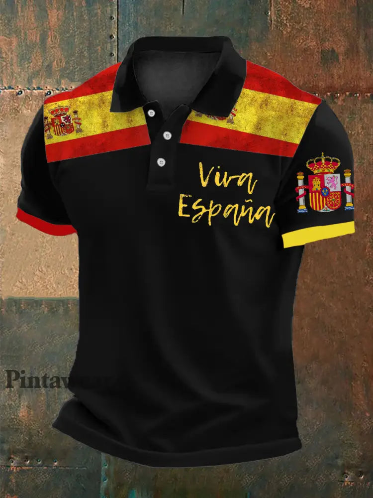 Polo impreso España de los hombres Negro / S
