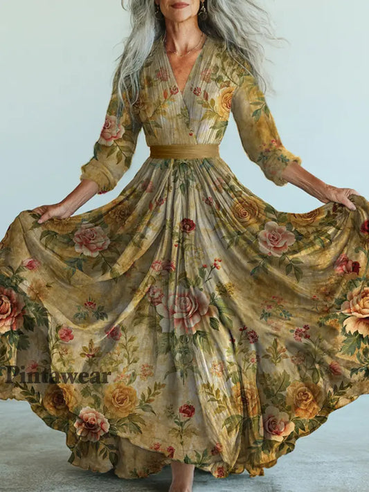 Retro Boho Floral Art Impreso Vintage V-cuello de manga larga vestido de Midi A / S