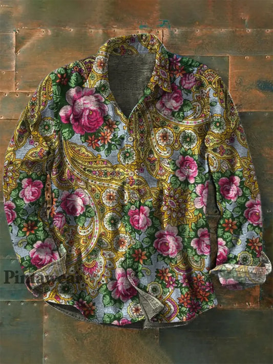 Retro Boho Floral Art Impreso Western Vintage Unisex Casual Camisa de manga larga de algodón A / S Camisas