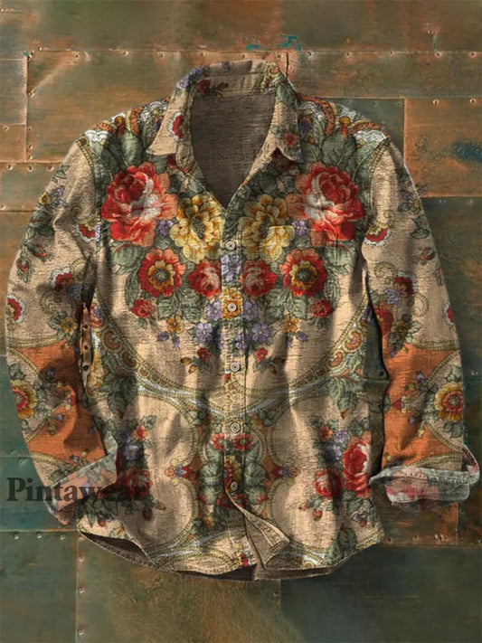 Retro Boho Floral Art Impreso Western Vintage Unisex Casual Camisa de manga larga de algodón A / S Camisas