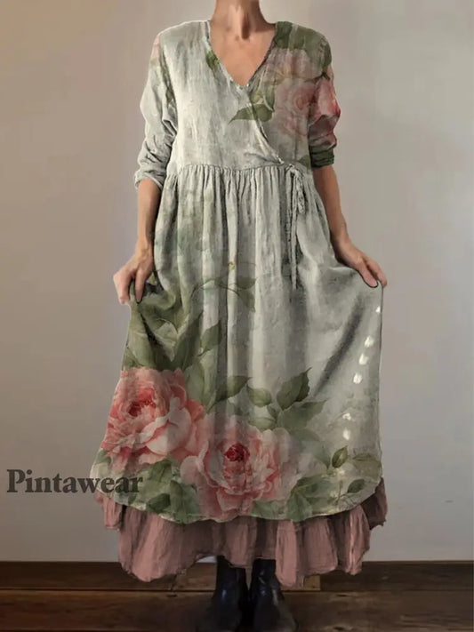 Retro Boho Floral Art Print Vintage V-cuello doble dobladillo algodón manga larga Midi vestido A / S