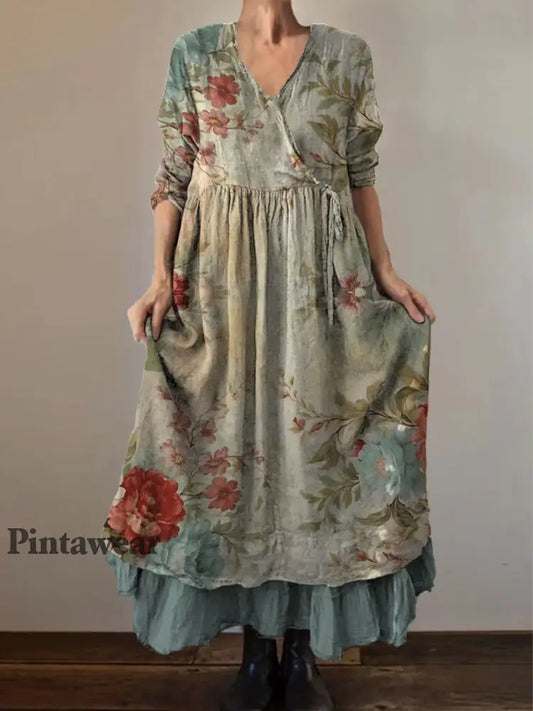 Retro Boho Floral Art Print Vintage V-cuello doble dobladillo algodón manga larga Midi vestido A / S