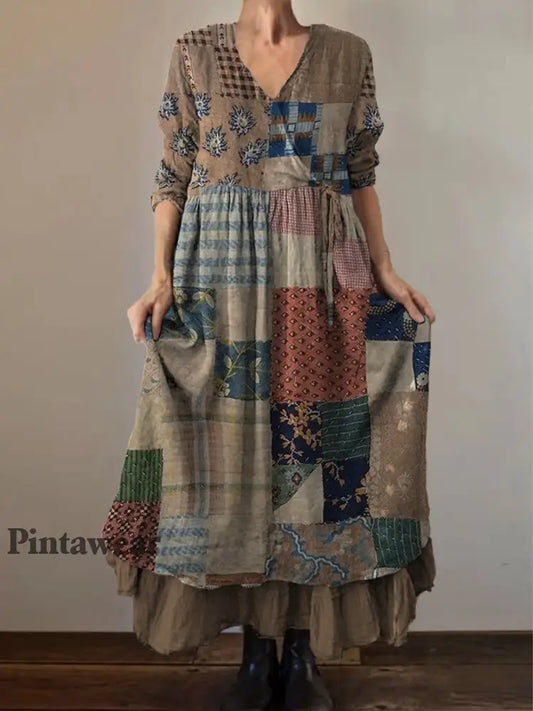 Retro Boho Floral Art Print Vintage V-cuello doble dobladillo algodón manga larga Midi vestido A / S