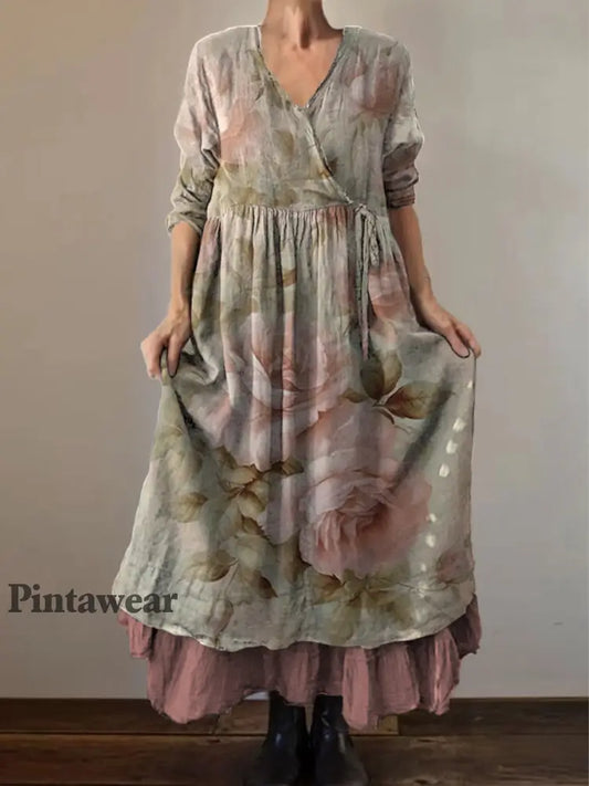 Retro Boho Floral Art Print Vintage V-cuello doble dobladillo algodón manga larga Midi vestido A / S