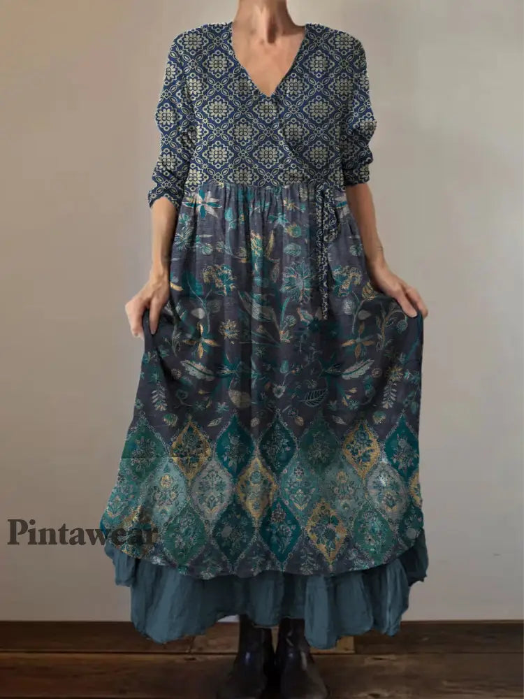 Retro Boho Floral Art Print Vintage V-cuello doble dobladillo algodón manga larga Midi vestido A / S