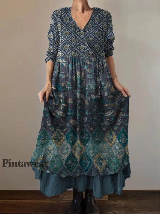 Retro Boho Floral Art Print Vintage V-cuello doble dobladillo algodón manga larga Midi vestido A / S