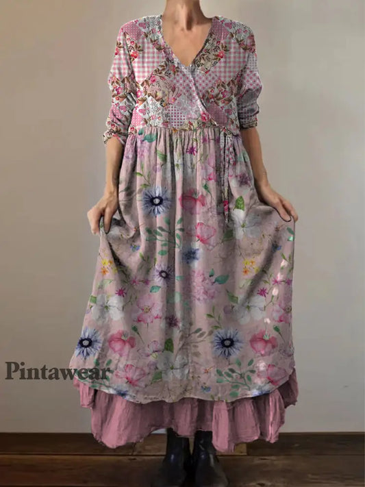 Retro Boho Floral Art Print Vintage V-cuello doble dobladillo algodón manga larga Midi vestido A / S