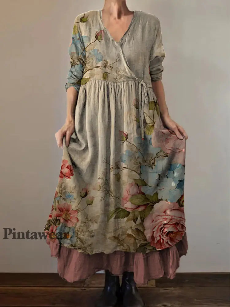 Retro Boho Floral Art Print Vintage V-cuello doble dobladillo algodón manga larga Midi vestido A / S