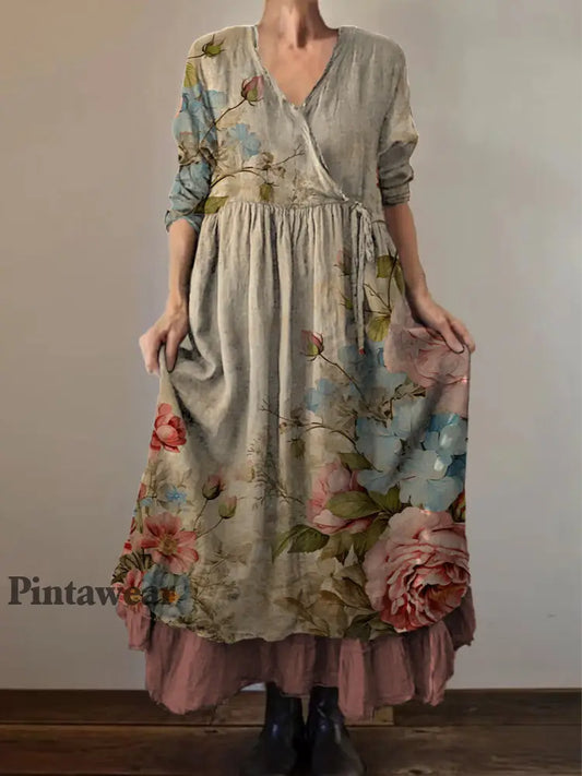 Retro Boho Floral Art Print Vintage V-cuello doble dobladillo algodón manga larga Midi vestido A / S