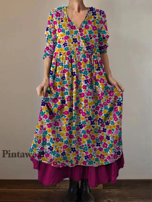 Retro Boho Floral Art Print Vintage V-cuello doble dobladillo algodón manga larga Midi vestido A / S