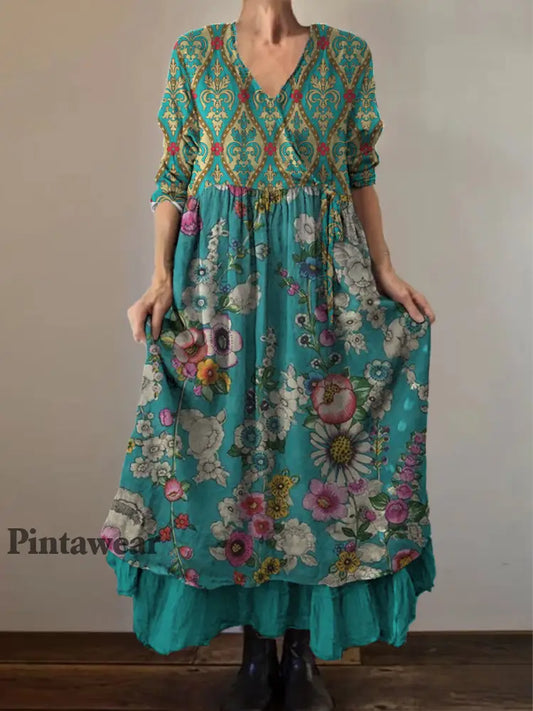 Retro Boho Floral Art Print Vintage V-cuello doble dobladillo algodón manga larga Midi vestido A / S