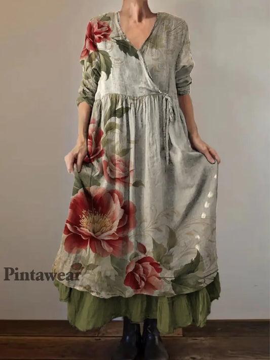 Retro Boho Floral Art Print Vintage V-cuello doble dobladillo algodón manga larga Midi vestido A / S
