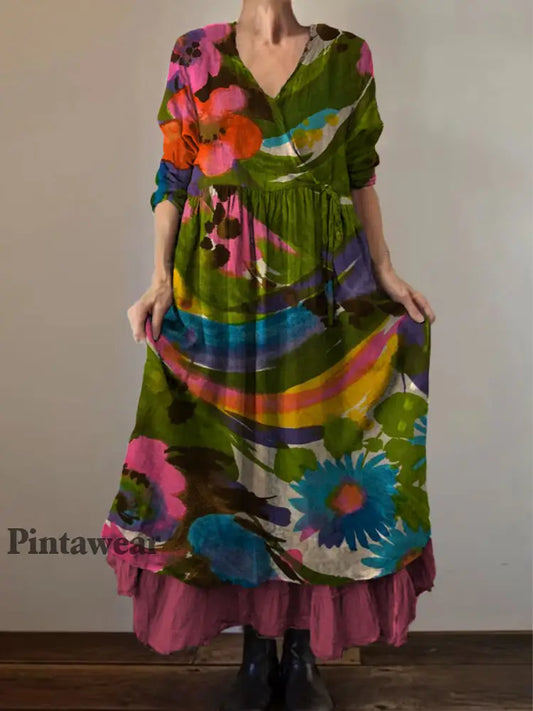 Retro Boho Floral Art Print Vintage V-cuello doble dobladillo algodón manga larga Midi vestido A / S