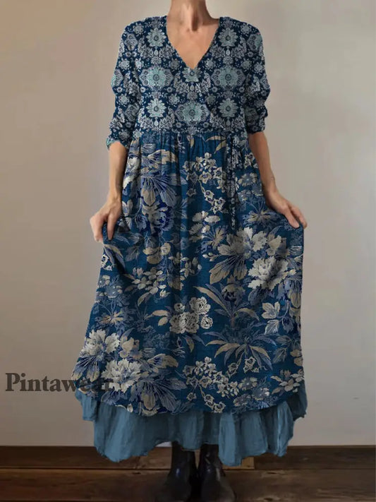 Retro Boho Floral Art Print Vintage V-cuello doble dobladillo algodón manga larga Midi vestido A / S