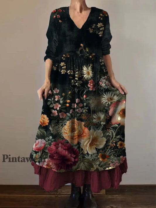 Retro Boho Floral Art Print Vintage V-cuello doble dobladillo algodón manga larga Midi vestido A / S