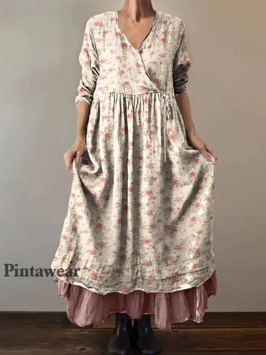 Retro Boho Floral Botany Print Vintage V-cuello doble dobladillo de algodón de manga larga Midi Vestido A / S