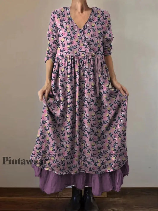 Retro Boho Floral Botany Print Vintage V-cuello doble dobladillo de algodón de manga larga Midi Vestido A / S