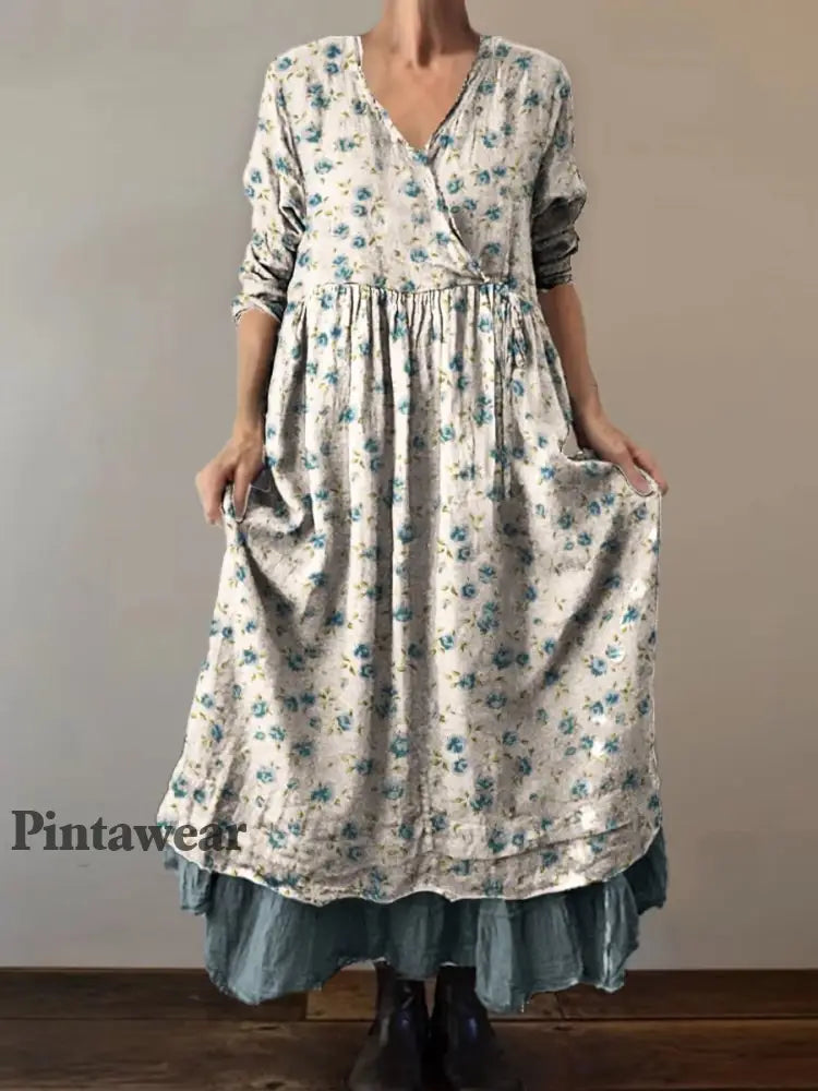 Retro Boho Floral Botany Print Vintage V-cuello doble dobladillo de algodón de manga larga Midi Vestido A / S