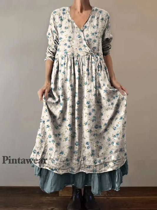 Retro Boho Floral Botany Print Vintage V-cuello doble dobladillo de algodón de manga larga Midi Vestido A / S