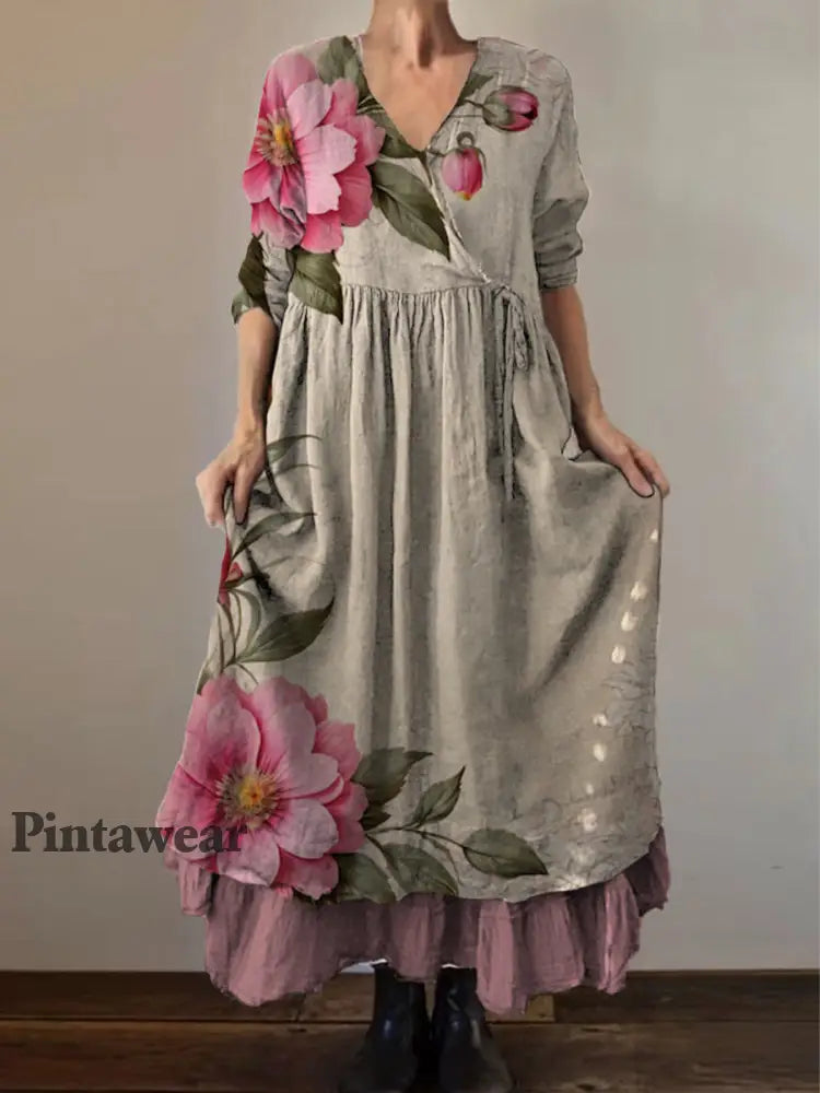 Retro Boho Floral Botany Print Vintage V-cuello doble dobladillo de algodón de manga larga Midi Vestido A / S