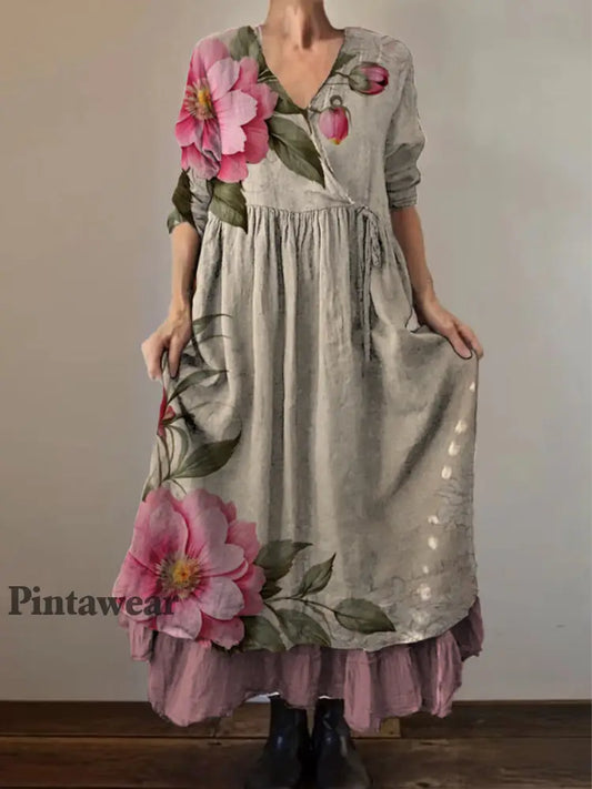 Retro Boho Floral Botany Print Vintage V-cuello doble dobladillo de algodón de manga larga Midi Vestido A / S