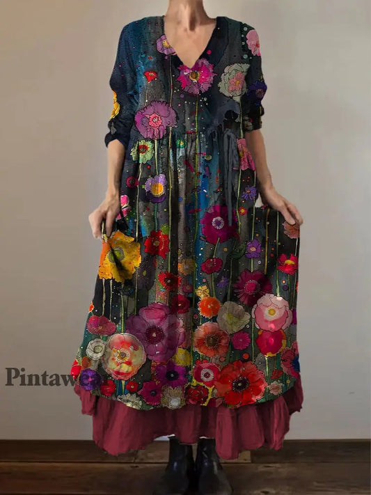 Retro Boho Floral Botany Print Vintage V-cuello doble dobladillo de algodón de manga larga Midi Vestido A / S