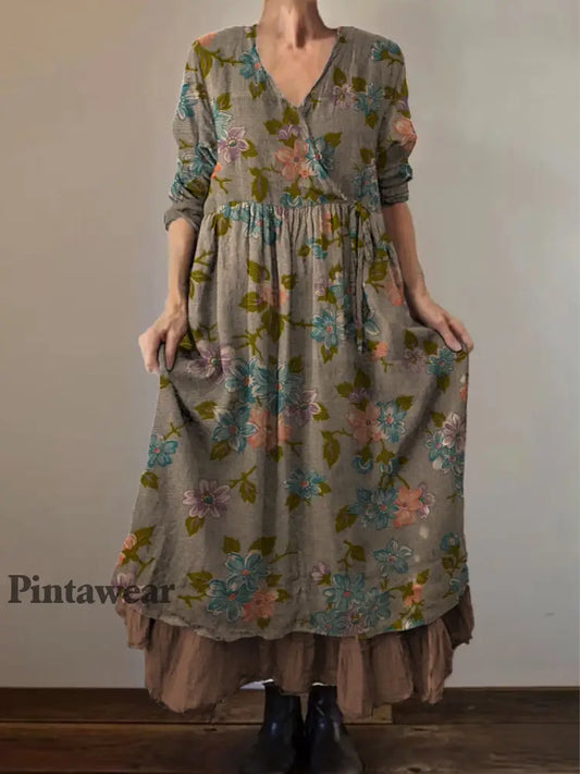 Retro Boho Floral Print Vintage V-cuello doble dobladillo algodón manga larga vestido Midi A / S