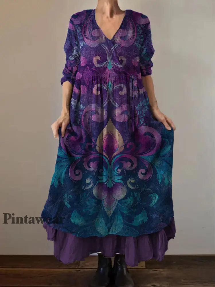 Retro Boho Floral Print Vintage V-cuello doble dobladillo algodón manga larga vestido Midi A / S