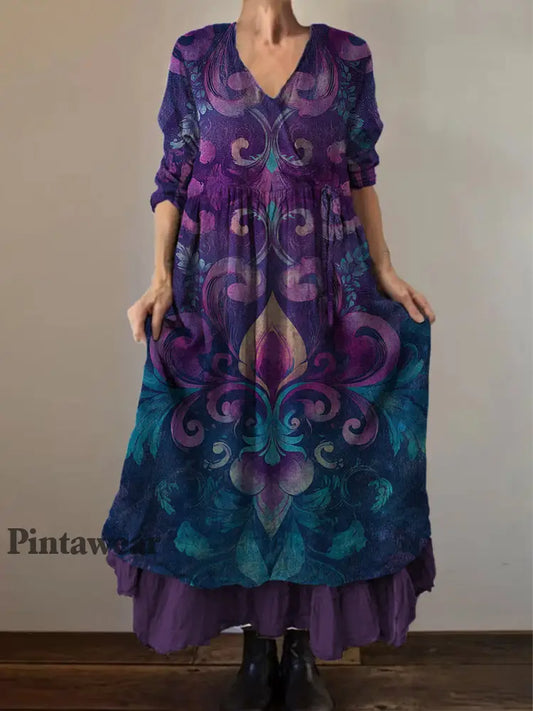 Retro Boho Floral Print Vintage V-cuello doble dobladillo algodón manga larga vestido Midi A / S