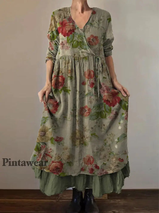 Retro Boho Floral Print Vintage V-cuello doble dobladillo algodón manga larga vestido Midi A / S