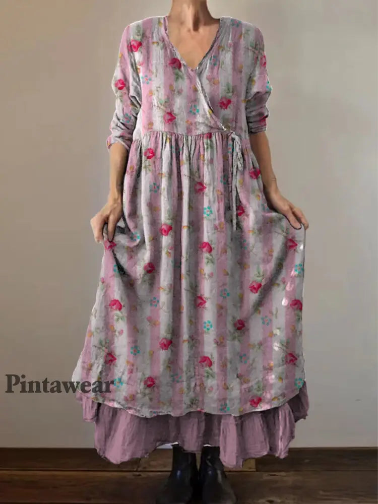 Retro Boho Floral Print Vintage V-cuello doble dobladillo algodón manga larga vestido Midi A / S