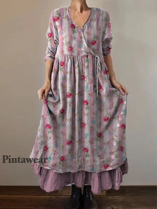 Retro Boho Floral Print Vintage V-cuello doble dobladillo algodón manga larga vestido Midi A / S