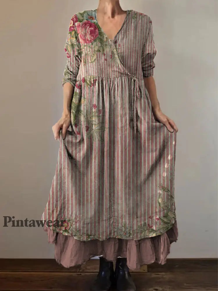 Retro Boho Floral Print Vintage V-cuello doble dobladillo algodón manga larga vestido Midi A / S