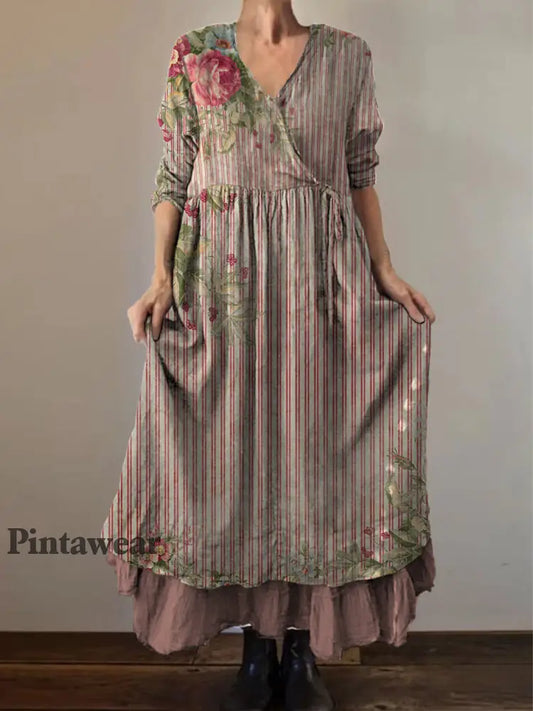 Retro Boho Floral Print Vintage V-cuello doble dobladillo algodón manga larga vestido Midi A / S