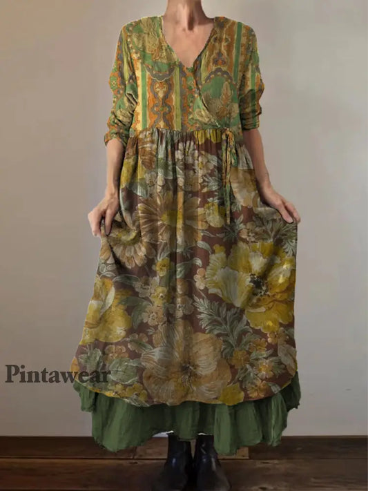 Retro Boho Floral Print Vintage V-cuello doble dobladillo algodón manga larga vestido Midi A / S