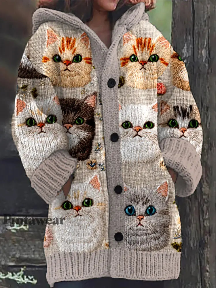 Retro Cat Art Print Botón de manga larga gruesa con capucha Cardigan A / S Cardigan