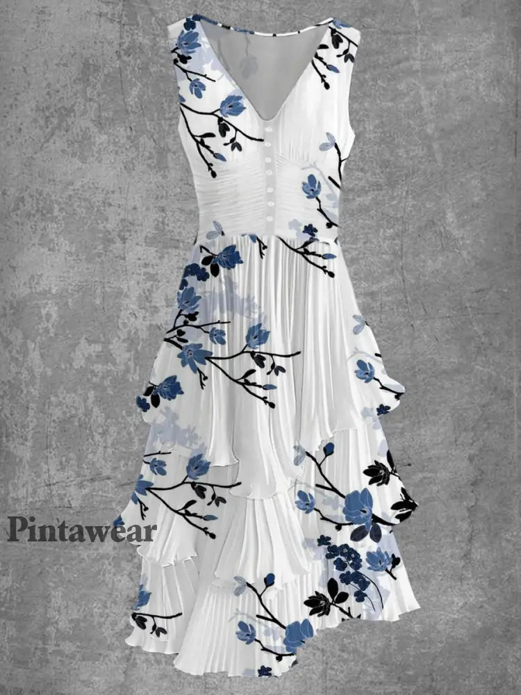 Retro Floral Art Print sin mangas con cuello en V botón elegante vestido de Midi que fluye A / S