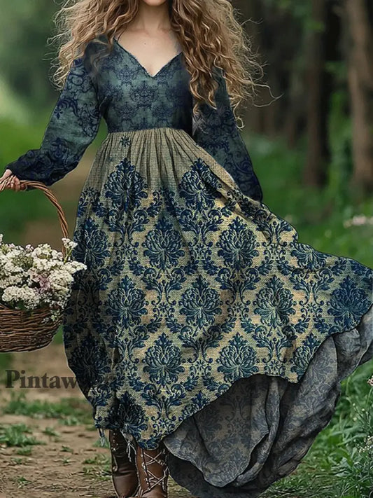 Retro Floral Art Print V-cuello elegante Chic suelta manga larga Midi Vestido A / S Vestido