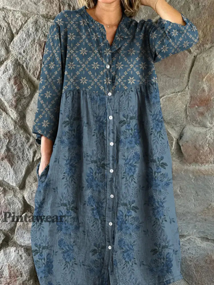 Retro Floral Art Print Vintage Chic con cuello en V botón de manga larga vestido de Midi A / S