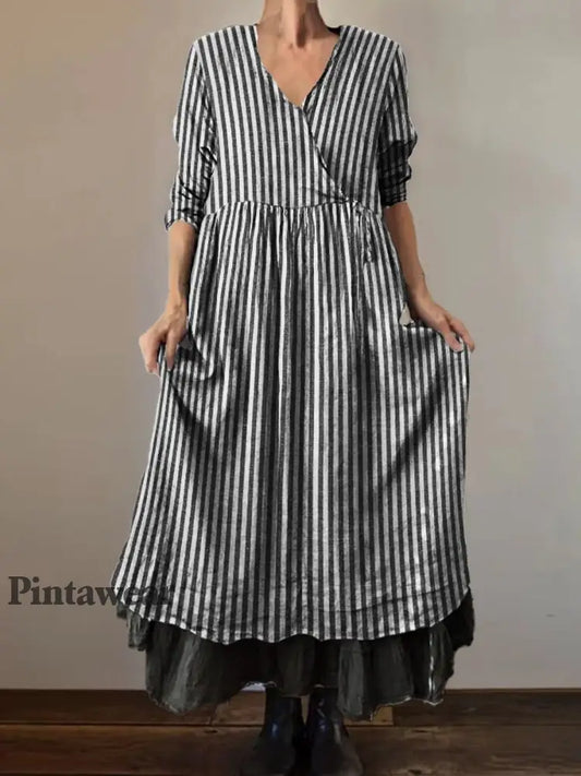 Retro Simple Fringe Imprimir Vintage V-cuello Dobladillo Doble Algodón Manga Larga Midi Vestido A / S