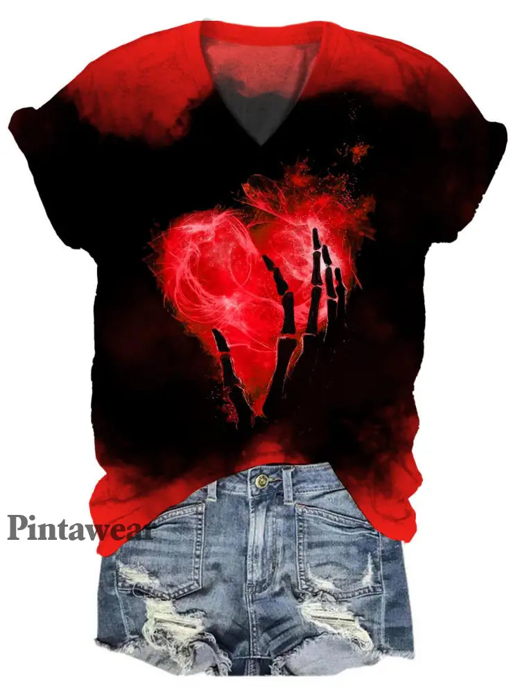 Skull Heart Print Tie Dye V Neck T-Shirt multicolor / S Día de San Valentín