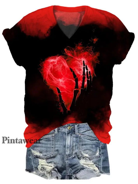 Skull Heart Print Tie Dye V Neck T-Shirt multicolor / S Día de San Valentín