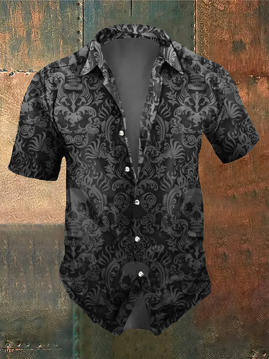 Camisa casual con estampado de cráneo de estilo oscuro retro para hombres