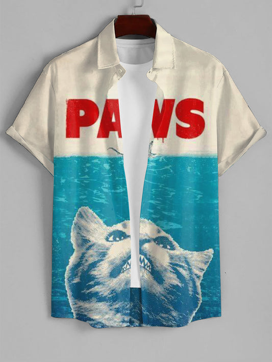 Cat Paws Print Vintage Print Manga corta Casual Camisa