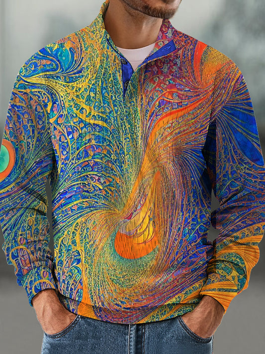 Sudadera de pie de pana Patrón de arte texturizado colorido de la vendimia del caballero